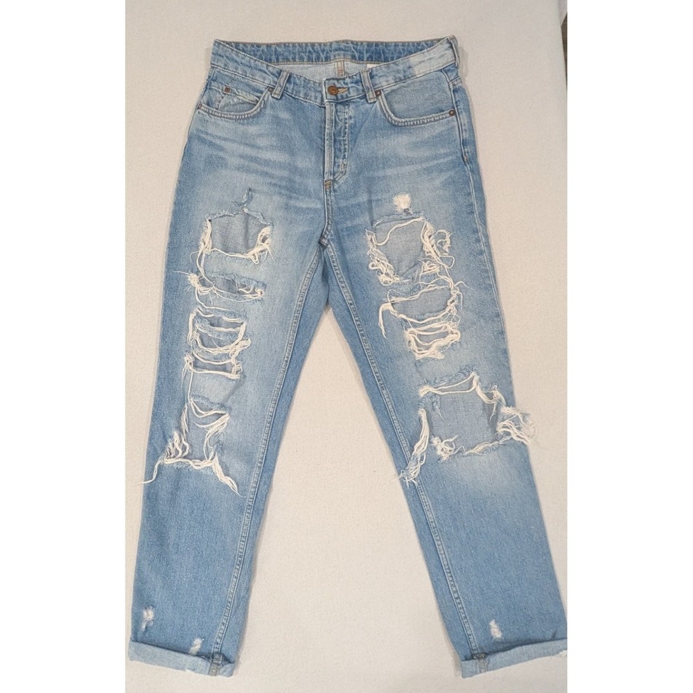H&M &Denim Boyfriend Jeans Womens Size 6 Light Blue Distressed Low Rise